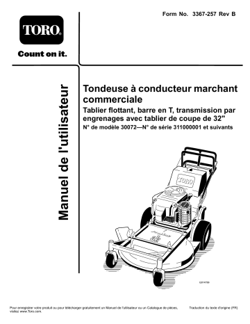 Toro Commercial Walk-Behind Mower, Floating Deck, T-Bar, Gear Drive Walk Behind Mower Manuel utilisateur | Fixfr