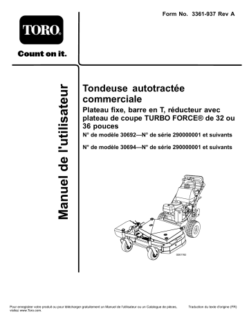 Toro Commercial Walk-Behind Mower, Fixed Deck, T-Bar, Gear Drive Walk Behind Mower Manuel utilisateur | Fixfr