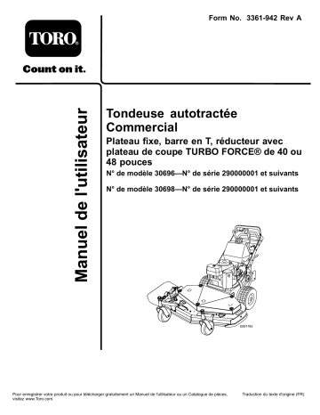 Toro Commercial Walk-Behind Mower, Fixed Deck, T-Bar, Gear Drive Walk Behind Mower Manuel utilisateur | Fixfr