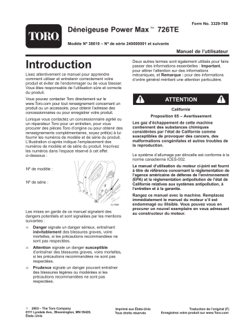 Toro Power Max 726 TE Snowthrower Manuel utilisateur | Fixfr