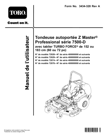 Z Master Professional 7500-D Series Riding Mower, With 72in TURBO FORCE Side Discharge Mower | Toro Z Master Professional 7500-D Series Riding Mower, With 72in TURBO FORCE Rear Discharge Mower Riding Product Manuel utilisateur | Fixfr