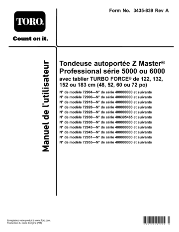 Z Master Professional 5000 Series Riding Mower, | Toro Z Master Professional 6000 Series Riding Mower, Riding Product Manuel utilisateur | Fixfr