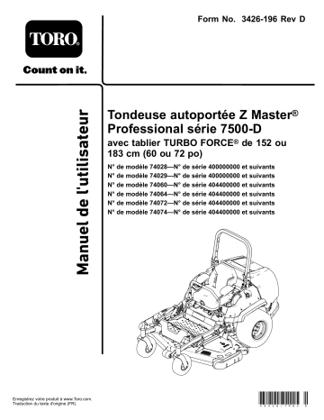 Toro Z Master Professional 7500-D Series Riding Mower, With 72in TURBO FORCE Rear Discharge Mower Riding Product Manuel utilisateur | Fixfr