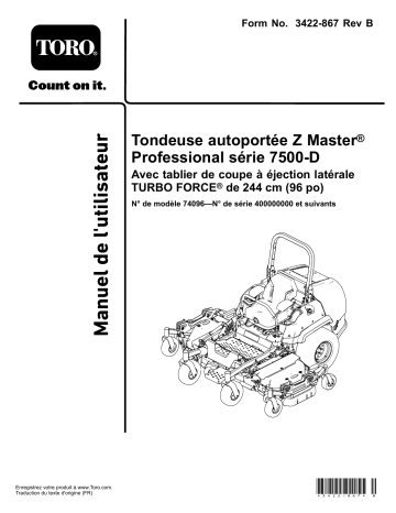 Toro Z Master Professional 7500-D Series Riding Mower, With 96in TURBO FORCE Rear Discharge Mower Riding Product Manuel utilisateur | Fixfr
