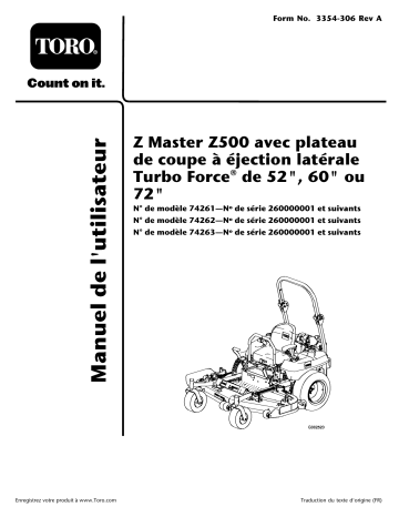 Z500 Z Master, With 52in TURBO FORCE Side Discharge Mower | Z500 Z Master, With 60in TURBO FORCE Side Discharge Mower | Toro Z557 Z Master, With 72in TURBO FORCE Side Discharge Mower Riding Product Manuel utilisateur | Fixfr