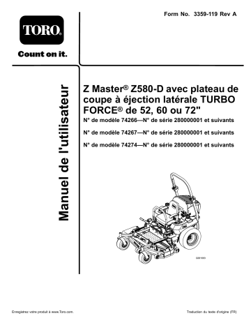 Toro Z580-D Z Master, With 52in TURBO FORCE Side Discharge Mower Riding Product Manuel utilisateur | Fixfr