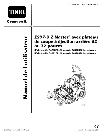 Z597-D Z Master, With 72 Rear Discharge Mower | Toro Z597-D Z Master, With 62 Rear Discharge Mower Riding Product Manuel utilisateur | Fixfr