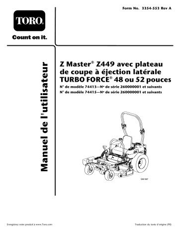 Z449 Z Master, With 52in TURBO FORCE Side Discharge Mower | Toro Z449 Z Master, With 48in TURBO FORCE Side Discharge Mower Riding Product Manuel utilisateur | Fixfr