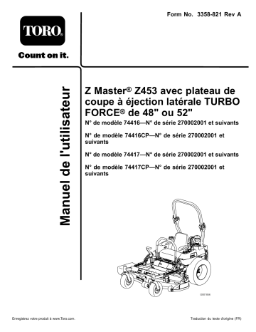 Z450 Z Master, With 48in TURBO FORCE Side Discharge Mower | Z450 Z Master, With 52in TURBO FORCE Side Discharge Mower | Toro Z453 Z Master, With 52in TURBO FORCE Side Discharge Mower Riding Product Manuel utilisateur | Fixfr