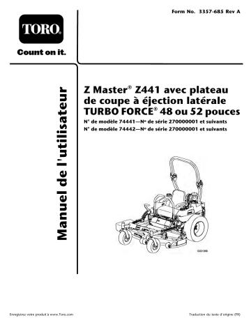 Z441 Z Master, With 52in TURBO FORCE Side Discharge Mower | Toro Z441 Z Master, With 48in TURBO FORCE Side Discharge Mower Riding Product Manuel utilisateur | Fixfr