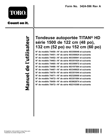 52in TITAN HD 2500 Series Riding Mower | 48in TITAN HD 1500 Series Riding Mower | 48in TITAN HD 2000 Series Riding Mower | 48in TITAN HD 2500 Series Riding Mower | Toro 60in TITAN HD 2500 Series Riding Mower Riding Product Manuel utilisateur | Fixfr