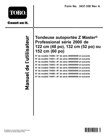 60in Z Master Professional 2000 Series Riding Mower | Z Master Professional 2000 Series MyRide 60in Riding Mower Special Edition | Toro 52in Z Master Professional 2000 Series Riding Mower Riding Product Manuel utilisateur | Fixfr