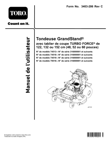GrandStand Mower, With 48in TURBO FORCE Cutting Unit | GrandStand Mower, With 52in TURBO FORCE Cutting Unit | Toro GrandStand Mower, With 60in TURBO FORCE Cutting Unit Riding Product Manuel utilisateur | Fixfr