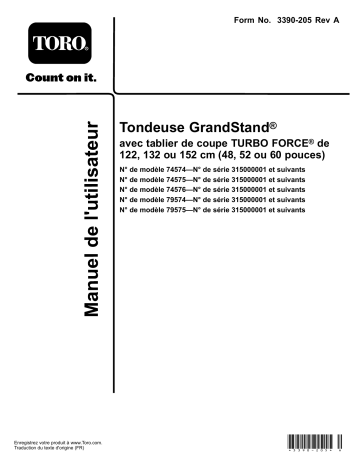 GrandStand Mower, With 48in TURBO FORCE Cutting Unit | GrandStand Mower, With 52in TURBO FORCE Cutting Unit | Toro GrandStand Mower, With 60in TURBO FORCE Cutting Unit Riding Product Manuel utilisateur | Fixfr