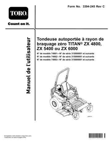 TITAN ZX5400 Zero-Turn-Radius Riding Mower | TITAN ZX6000 Zero-Turn-Radius Riding Mower | Toro TITAN ZX4800 Zero-Turn-Radius Riding Mower Riding Product Manuel utilisateur | Fixfr