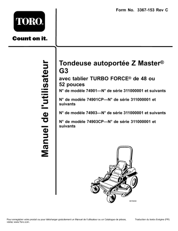 Toro Z Master G3 Riding Mower, Riding Product Manuel utilisateur | Fixfr