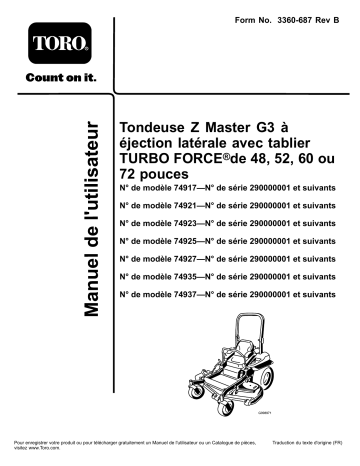 Toro Z Master G3 Riding Mower, Riding Product Manuel utilisateur | Fixfr