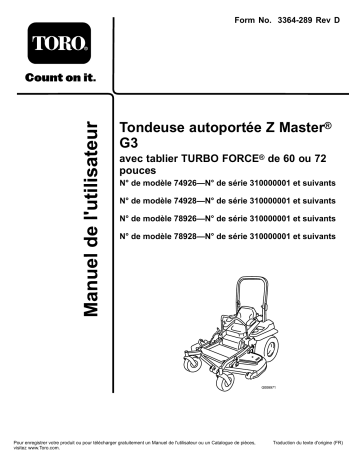 Toro Z Master G3 Riding Mower, Riding Product Manuel utilisateur | Fixfr