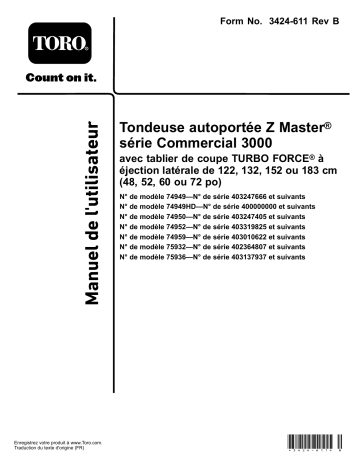 Z Master Professional 3000 Series Riding Mower, | Toro Z Master Commercial 3000 Series Riding Mower, Riding Product Manuel utilisateur | Fixfr