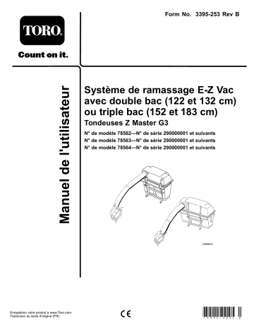 72in E-Z Vac Triple Bagging System, Z Master G3 Mower | 60in E-Z Vac Triple Bagging System, Z Master G3 Mower | Toro 48in and 52in E-Z Vac Twin Bagging System, Z Master G3 Mower Attachment Manuel utilisateur | Fixfr