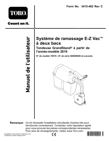 Toro E-Z Vac Twin Bagger, 2016 and After Grandstand Mower Attachment Manuel utilisateur | Fixfr