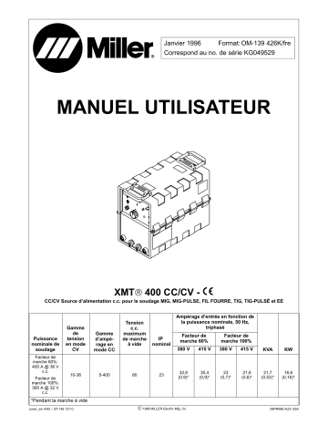 KG049529 | Manuel du propriétaire | Miller XMT 400 CC/CV CE Manuel utilisateur | Fixfr