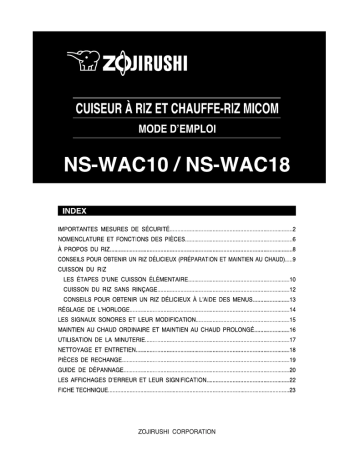 Manuel du propriétaire | Zojirushi NS-WAC10/18 Manuel utilisateur | Fixfr