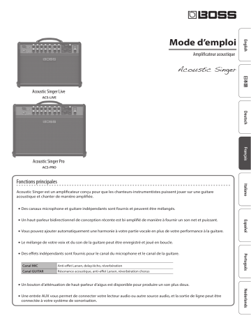 Acoustic Singer Live | Manuel du propriétaire | Boss Acoustic Singer Pro Acoustic Amplifier Manuel utilisateur | Fixfr