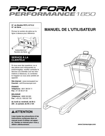 PETL14715 | Manuel du propriétaire | ProForm Performance 1850 TREADMILL Manuel utilisateur | Fixfr