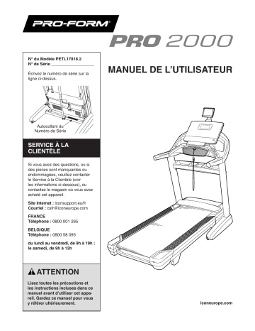 PETL17818 | Manuel du propriétaire | ProForm Pro 2000 TREADMILL Manuel utilisateur | Fixfr