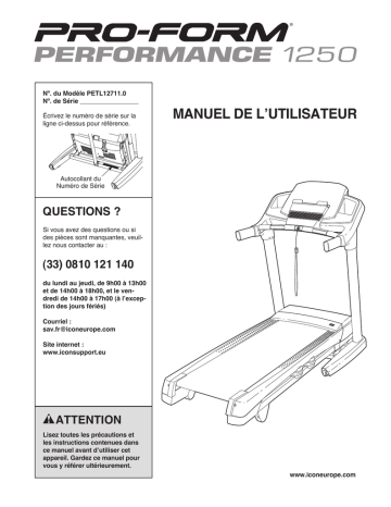 PETL12711.0 | Manuel du propriétaire | ProForm PETL12711 PERFORMANCE 1250 TREADMILL Manuel utilisateur | Fixfr