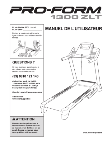 PETL12810 | Manuel du propriétaire | ProForm 1300 ZLT TREADMILL Manuel utilisateur | Fixfr