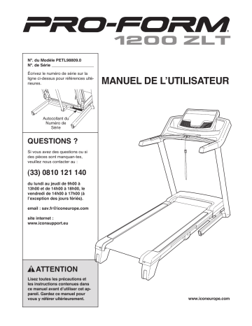 Manuel du propriétaire | ProForm PETL98809 1200 ZLT TREADMILL Manuel utilisateur | Fixfr