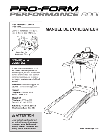 PETL99816 | Manuel du propriétaire | ProForm Performance 600i TREADMILL Manuel utilisateur | Fixfr