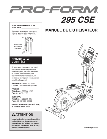 PFEL04915n | Manuel du propriétaire | ProForm 295 CSE ELLIPTICAL Manuel utilisateur | Fixfr