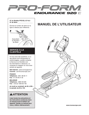 Manuel du propriétaire | ProForm PFEVEL12716 Endurance 920 E ELLIPTICAL Manuel utilisateur | Fixfr