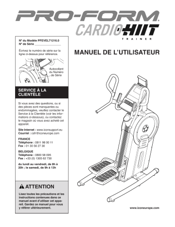 PFEVEL71216 | Manuel du propriétaire | ProForm HITT Trainer ELLIPTICAL Manuel utilisateur | Fixfr