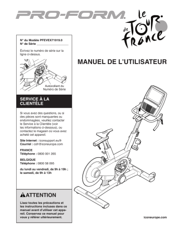 Manuel du propriétaire | ProForm PFEVEX71919 Tour De France BIKE Manuel utilisateur | Fixfr
