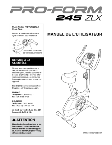 PFEVEX72913 | Manuel du propriétaire | ProForm 245ZLX BIKE Manuel utilisateur | Fixfr