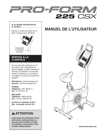 Manuel du propriétaire | ProForm PFEVEX74016 225 CSX BIKE Manuel utilisateur | Fixfr