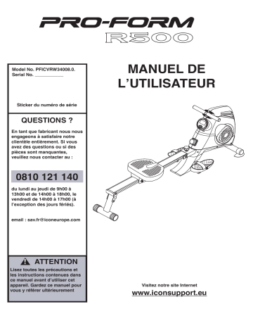 PFICVRW34008 | Manuel du propriétaire | ProForm RAMEUR R 500 ROWER Manuel utilisateur | Fixfr