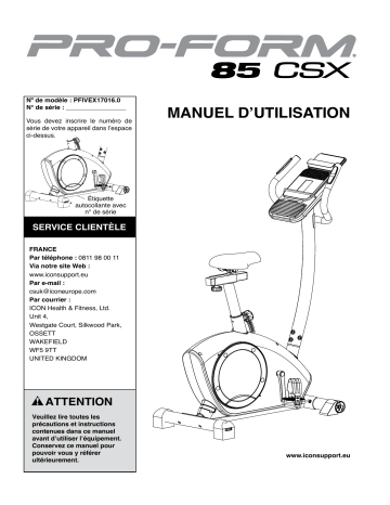 PFIVEX17016 | Manuel du propriétaire | ProForm 85 CSX Exercise Bike Manuel utilisateur | Fixfr