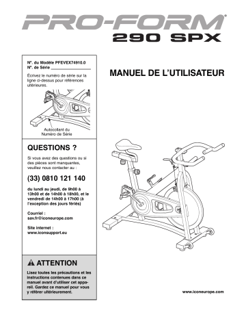 PFEVEX74910 | Manuel du propriétaire | ProForm 290 SPX SPINNER BIKE Manuel utilisateur | Fixfr