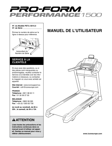 PETL13015 | Manuel du propriétaire | ProForm Performance 1500 TREADMILL Manuel utilisateur | Fixfr