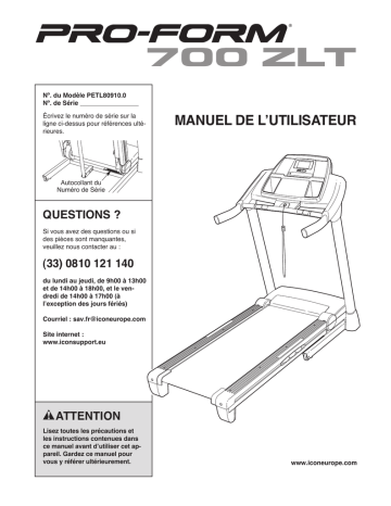 PETL80910 1649881 | Manuel du propriétaire | ProForm 700 ZLT TREADMILL Manuel utilisateur | Fixfr