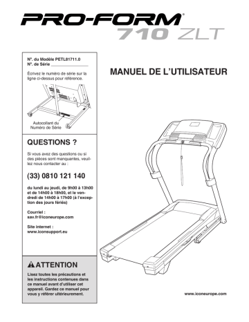 Manuel du propriétaire | ProForm PETL81711 1481023 710 ZLT TREADMILL Manuel utilisateur | Fixfr