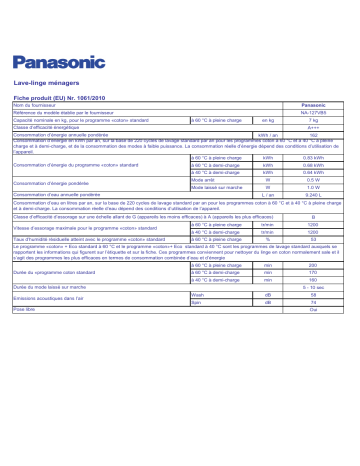 Product information | Panasonic NA127VB5 Manuel utilisateur | Fixfr
