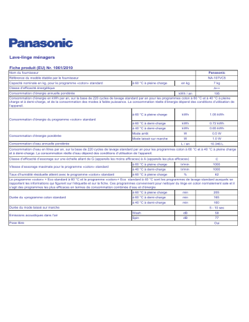 Product information | Panasonic NA107VC5 Manuel utilisateur | Fixfr