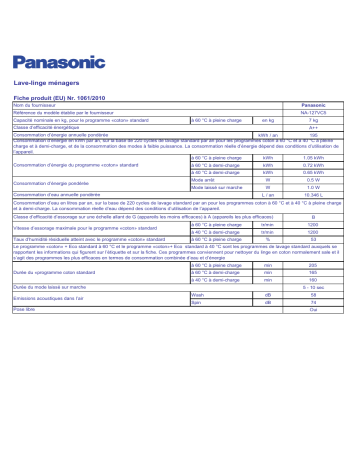 Product information | Panasonic NA127VC5 Manuel utilisateur | Fixfr