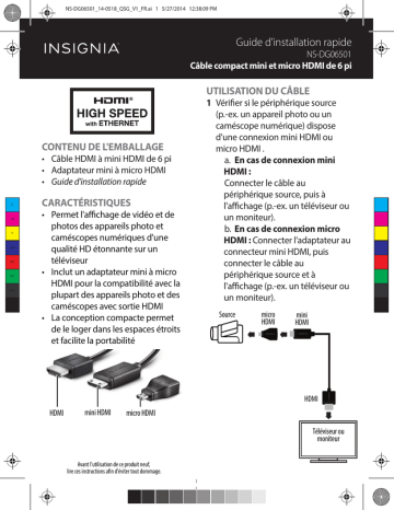 Insignia NS-DG06501 | NS-DG06501-C 6' Mini/Micro HDMI Cable Guide d'installation rapide | Fixfr